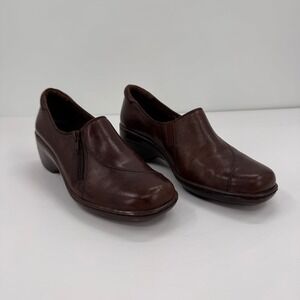 Clarks Women's 6.5 M Brown Leather Heel Zipper Pump Comfort Shoe Loafers Slip On